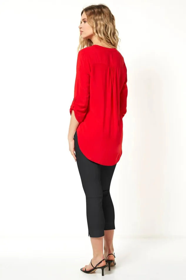 Women Red Notch Neck Button Front Tunic Top Roman Tops