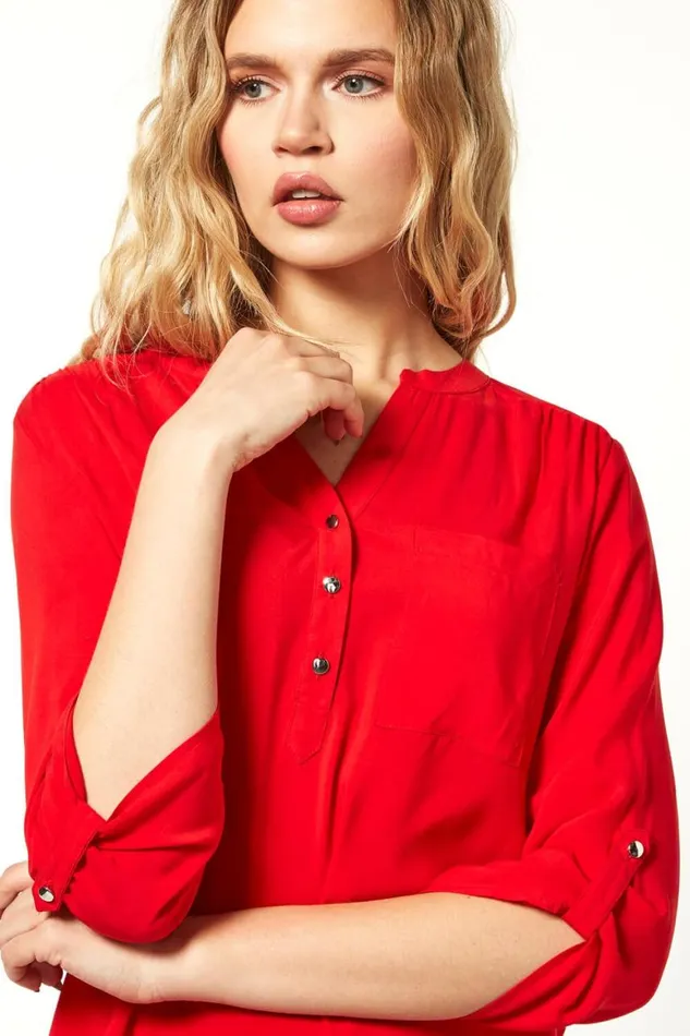Women Red Notch Neck Button Front Tunic Top Roman Tops