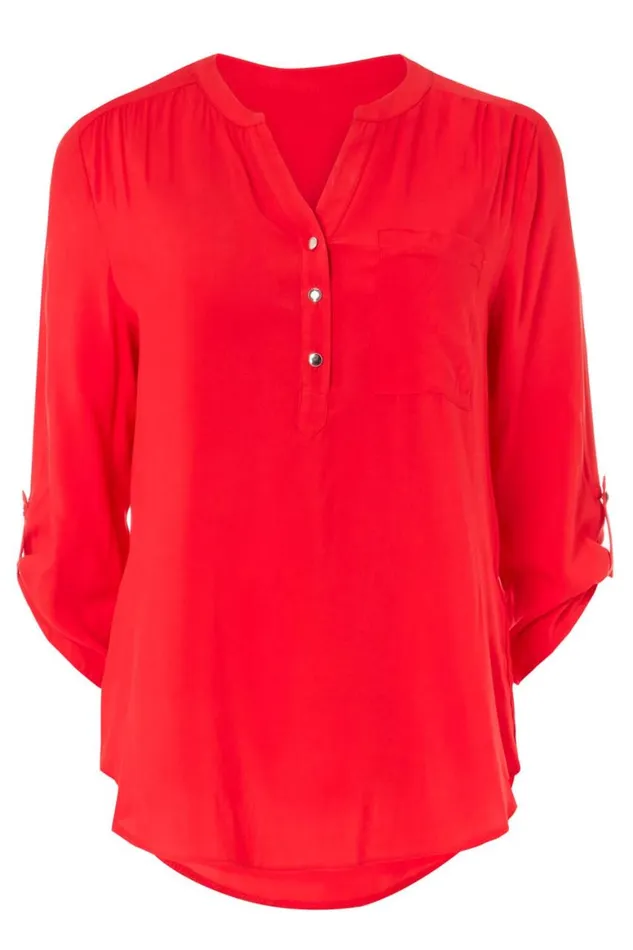 Women Red Notch Neck Button Front Tunic Top Roman Tops