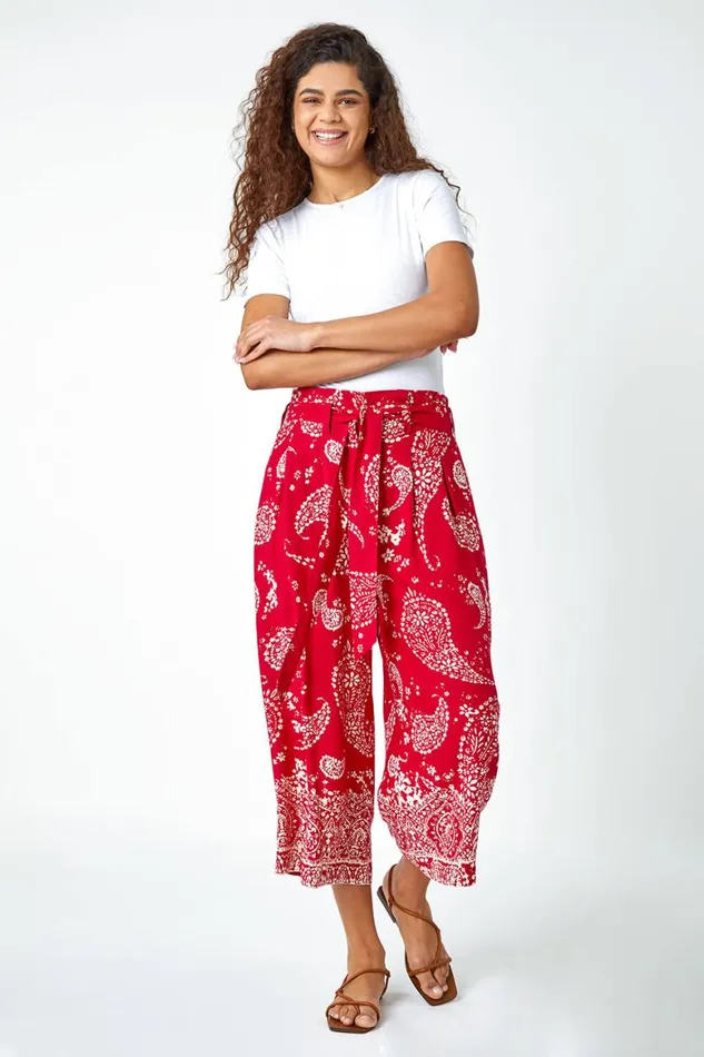 Women Red Paisley Print Wide Leg Cropped Trousers Roman Trousers