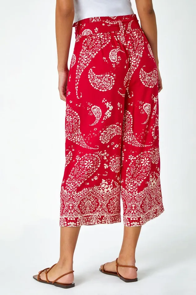 Women Red Paisley Print Wide Leg Cropped Trousers Roman Trousers