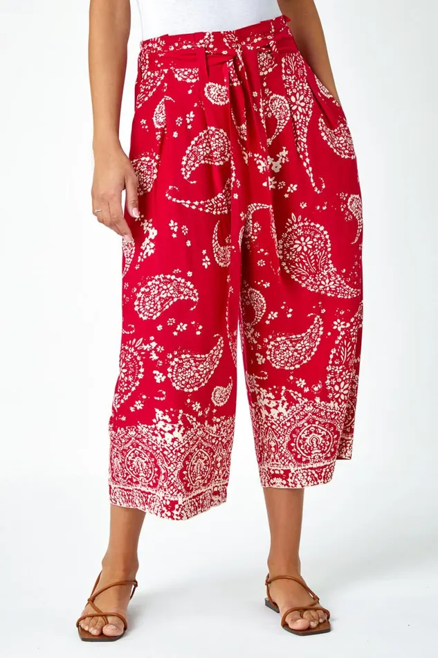 Women Red Paisley Print Wide Leg Cropped Trousers Roman Trousers