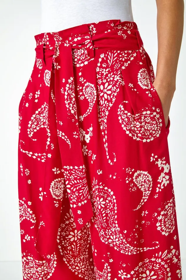 Women Red Paisley Print Wide Leg Cropped Trousers Roman Trousers