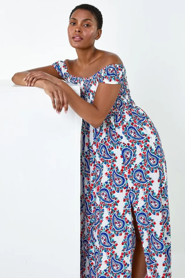 Women Red Paisley Shirred Bardot Maxi Dress Roman Dresses