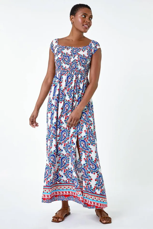 Women Red Paisley Shirred Bardot Maxi Dress Roman Dresses