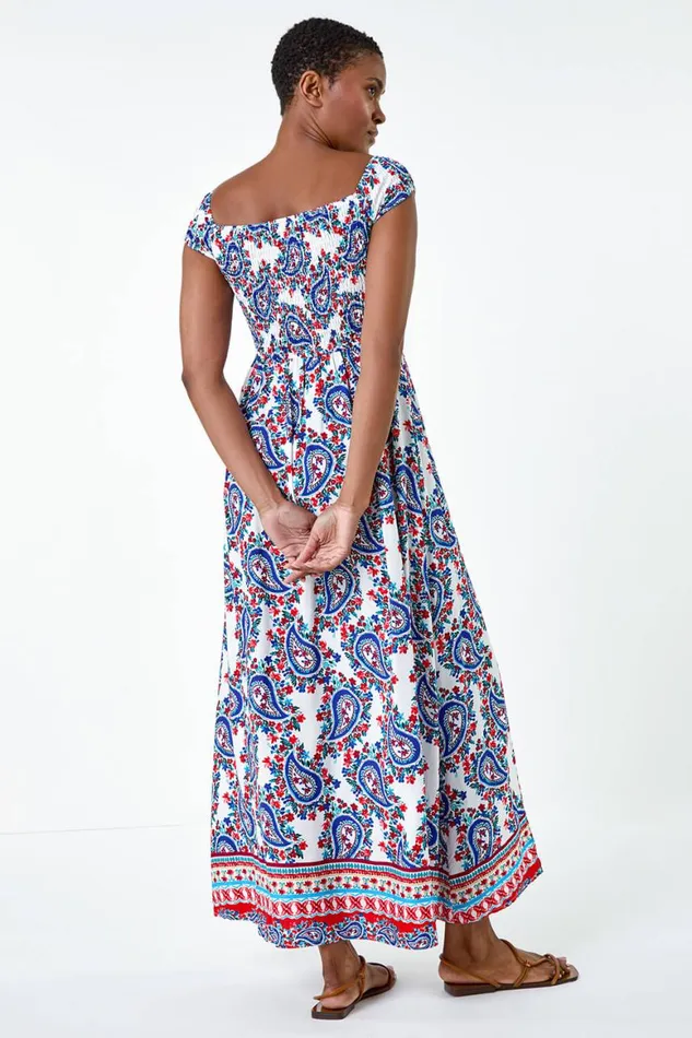 Women Red Paisley Shirred Bardot Maxi Dress Roman Dresses