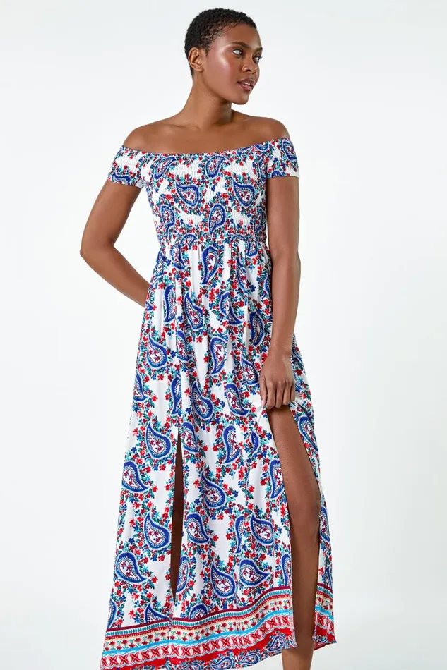 Women Red Paisley Shirred Bardot Maxi Dress Roman Dresses