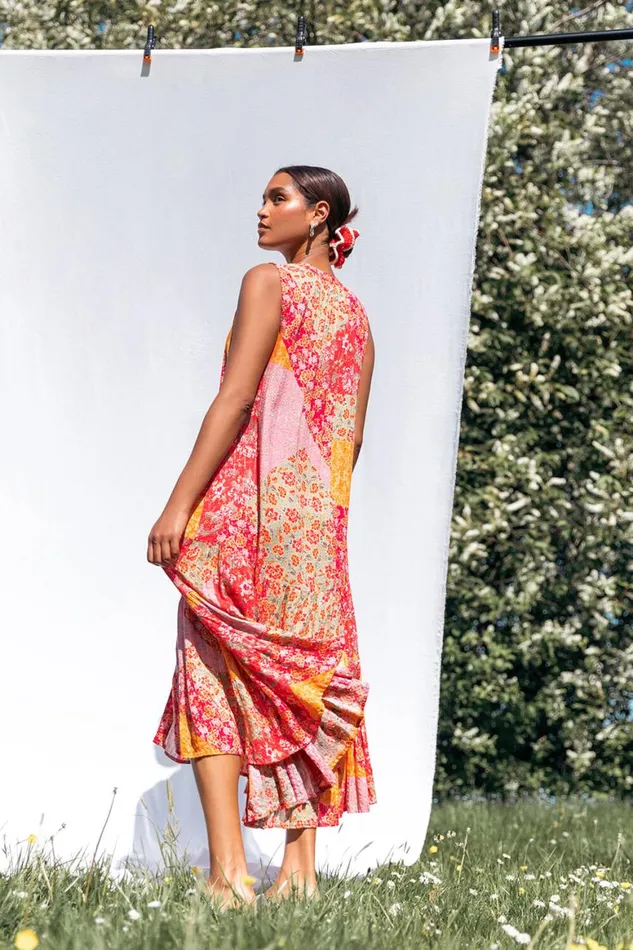 Women Red Patchwork Shimmer Smock Tiered Midi Dress Roman Dresses