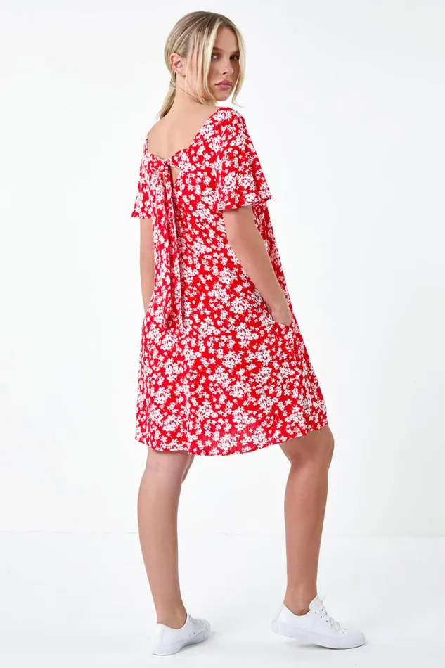 Women Red Petite Ditsy Floral TShirt Dress Roman Dresses
