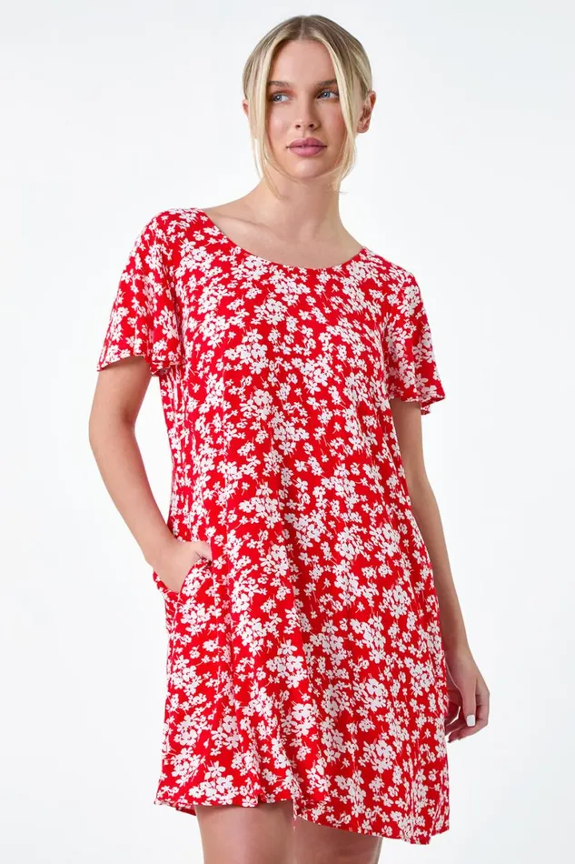 Women Red Petite Ditsy Floral TShirt Dress Roman Dresses