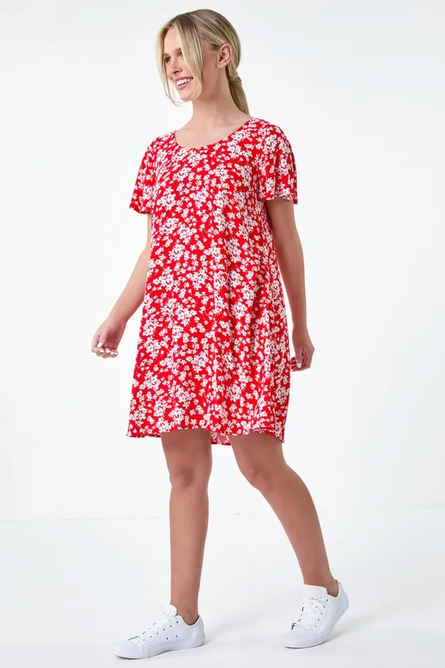 Women Red Petite Ditsy Floral TShirt Dress Roman Dresses