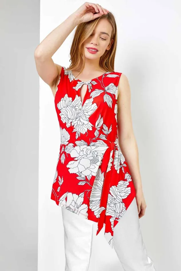 Women Red Petite Floral Print Asymmetric Top Roman Tops