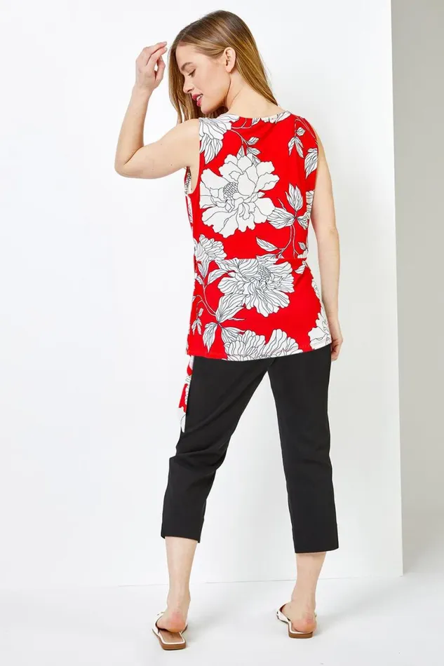 Women Red Petite Floral Print Asymmetric Top Roman Tops
