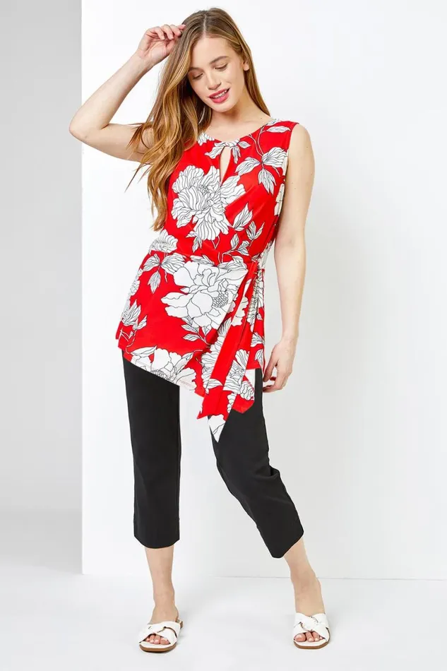 Women Red Petite Floral Print Asymmetric Top Roman Tops