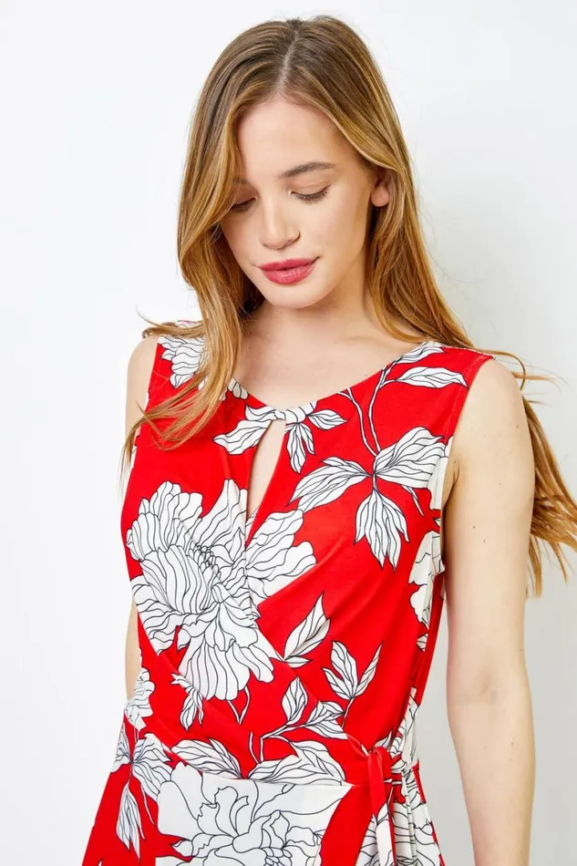 Women Red Petite Floral Print Asymmetric Top Roman Tops