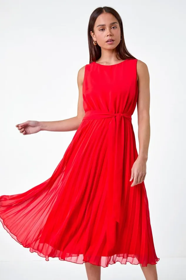 Women Red Petite Pleated Midi Dress Roman Dresses