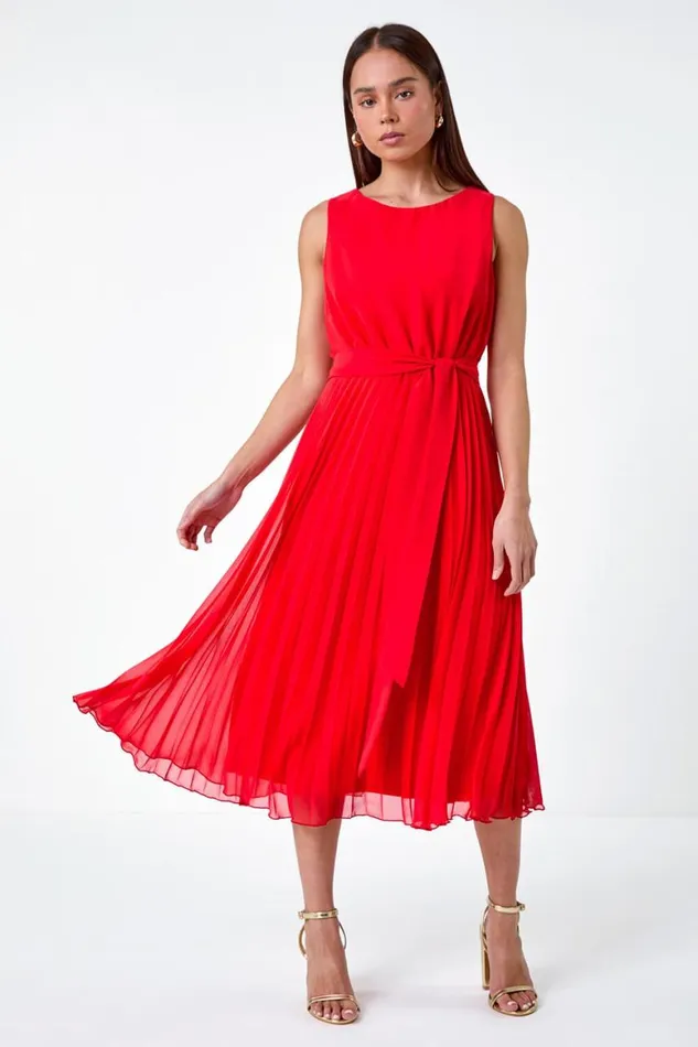Women Red Petite Pleated Midi Dress Roman Dresses