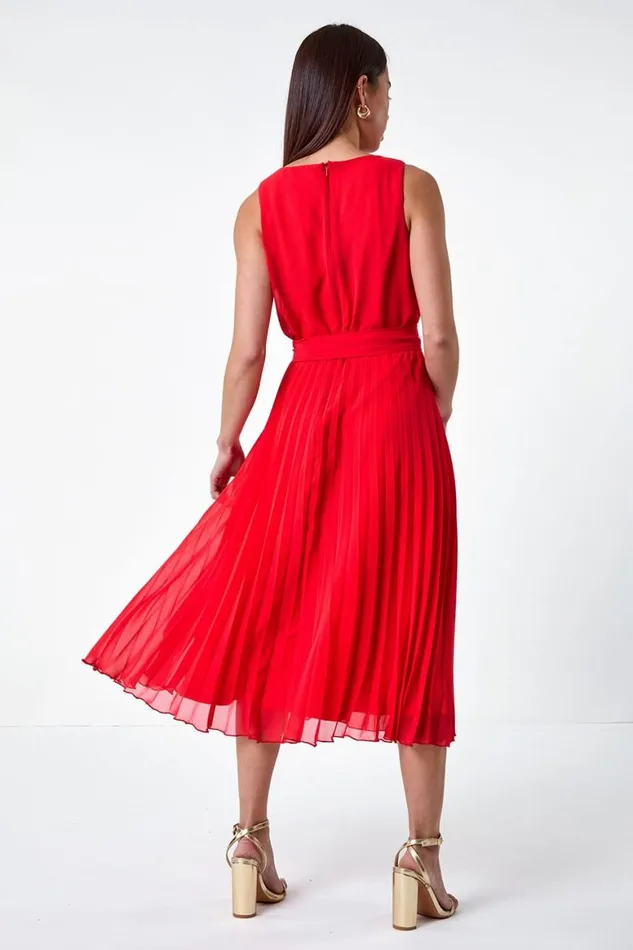 Women Red Petite Pleated Midi Dress Roman Dresses