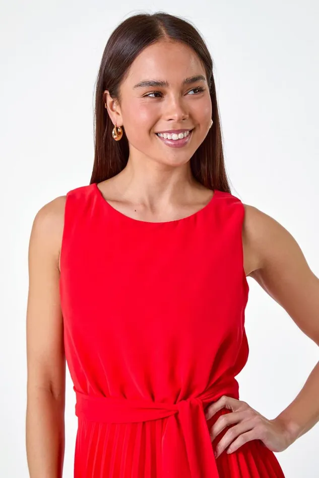 Women Red Petite Pleated Midi Dress Roman Dresses