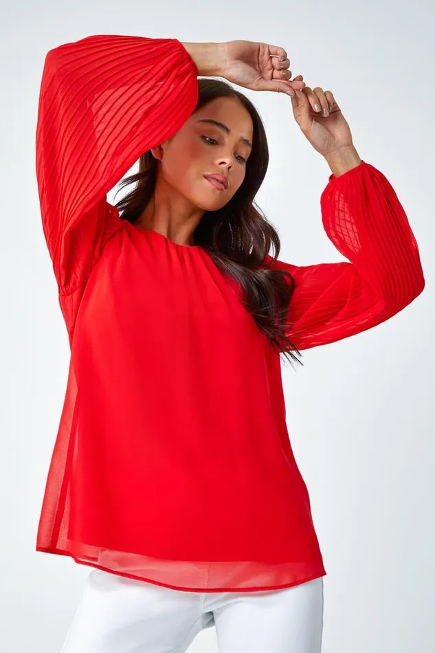Women Red Petite Pleated Sleeve Gathered Chiffon Top Roman Tops