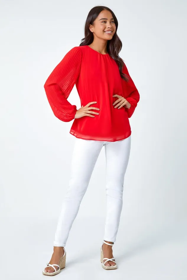 Women Red Petite Pleated Sleeve Gathered Chiffon Top Roman Tops