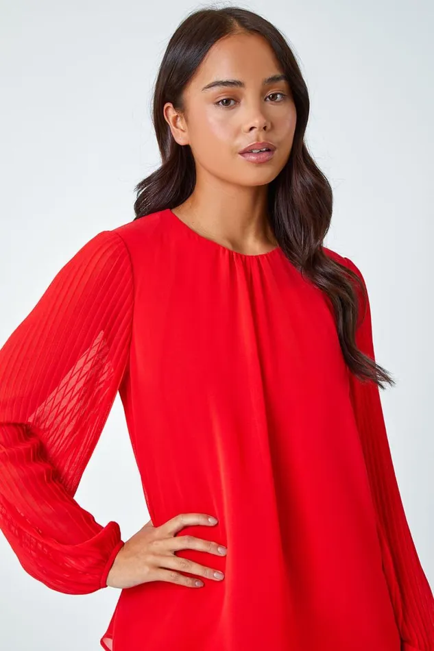 Women Red Petite Pleated Sleeve Gathered Chiffon Top Roman Tops