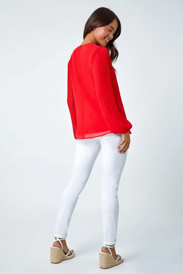 Women Red Petite Pleated Sleeve Gathered Chiffon Top Roman Tops