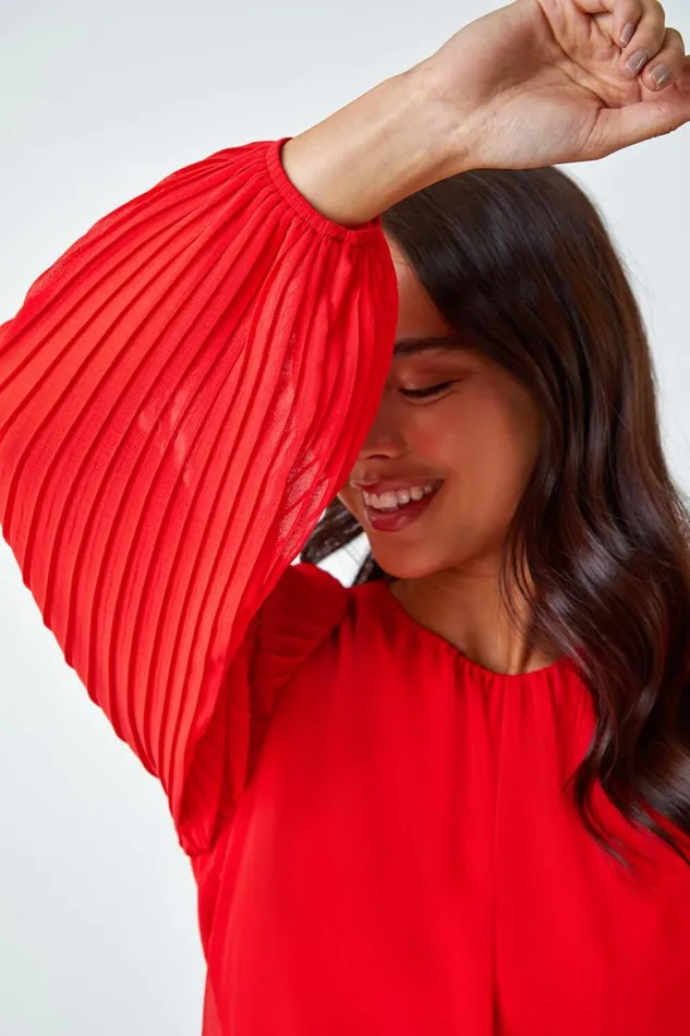 Women Red Petite Pleated Sleeve Gathered Chiffon Top Roman Tops