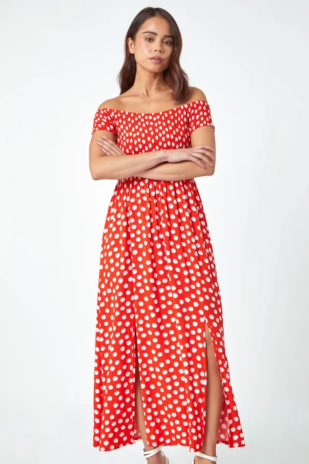 Women Red Petite Polka Dot Bardot Midi Dress Roman Dresses