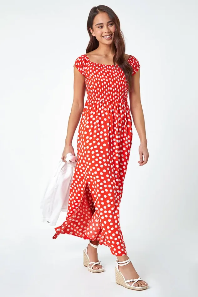 Women Red Petite Polka Dot Bardot Midi Dress Roman Dresses