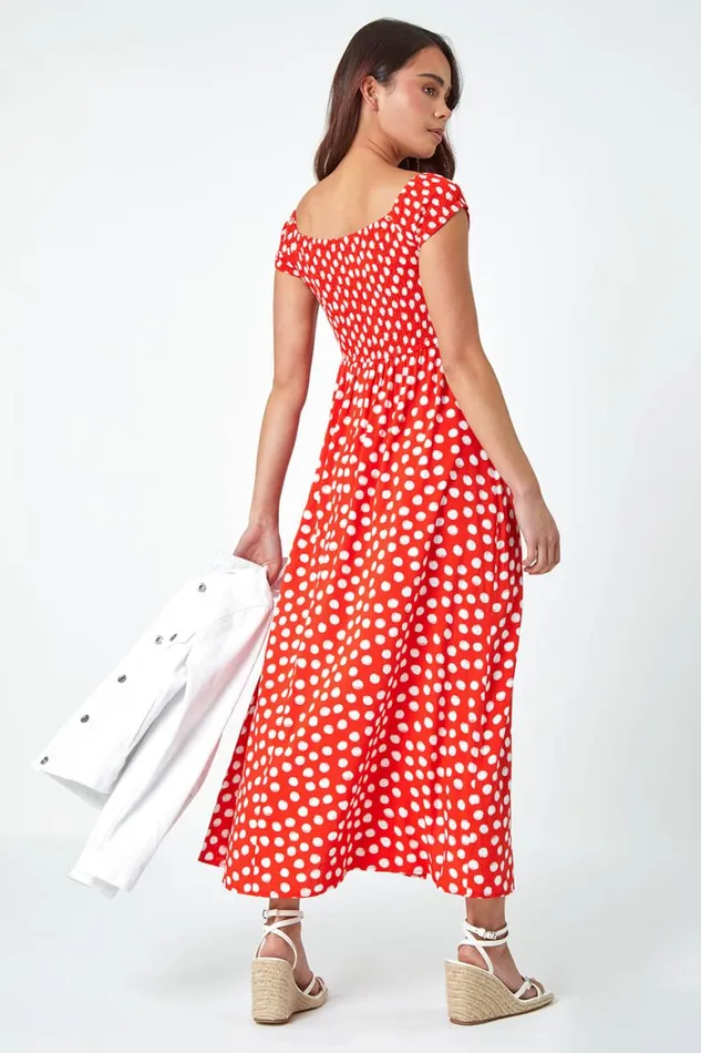 Women Red Petite Polka Dot Bardot Midi Dress Roman Dresses