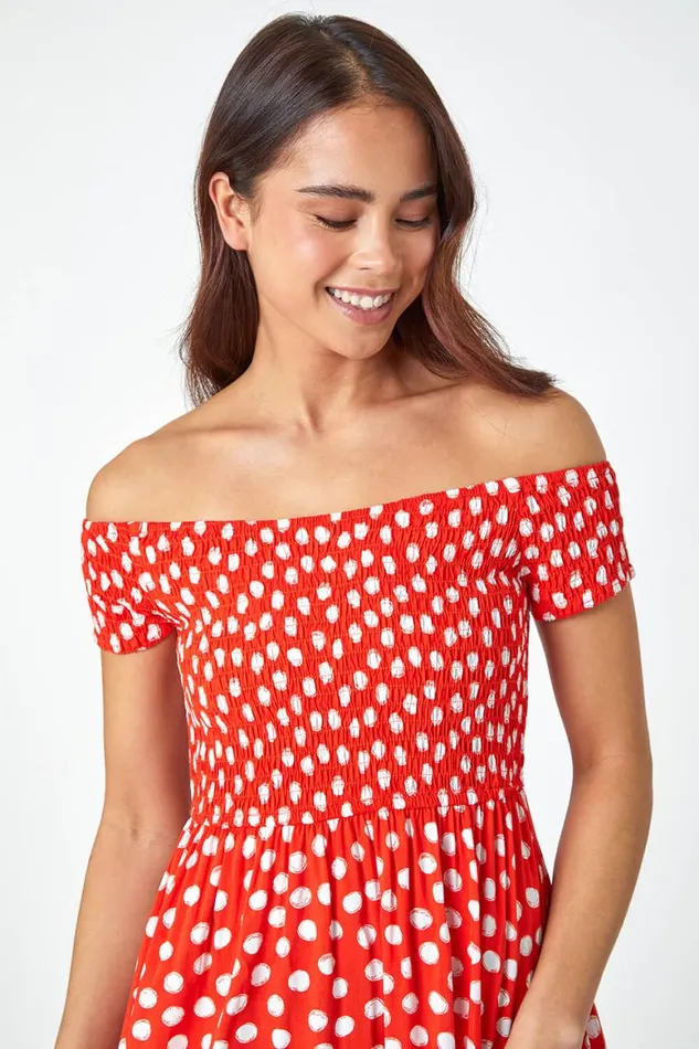Women Red Petite Polka Dot Bardot Midi Dress Roman Dresses