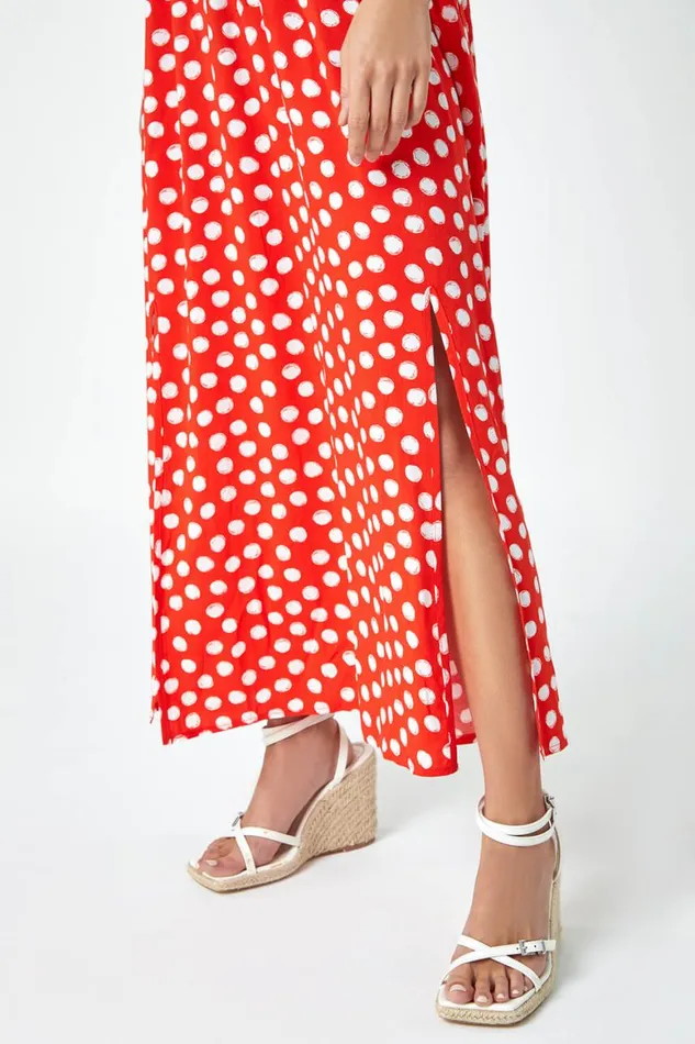 Women Red Petite Polka Dot Bardot Midi Dress Roman Dresses