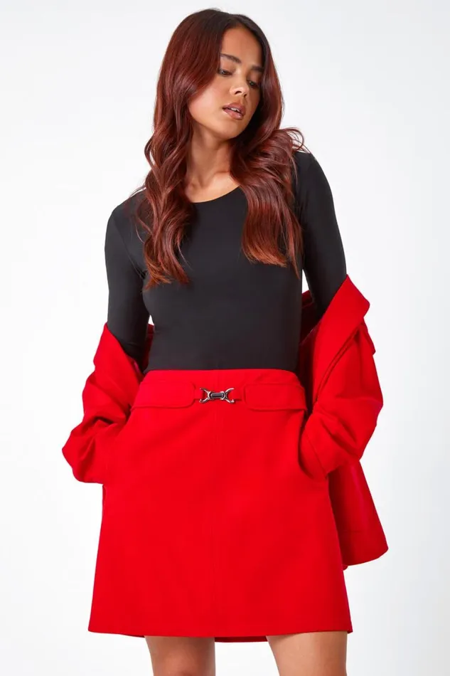 Women Red Petite Toggle Pocket Detail Stretch Skirt Roman Skirts