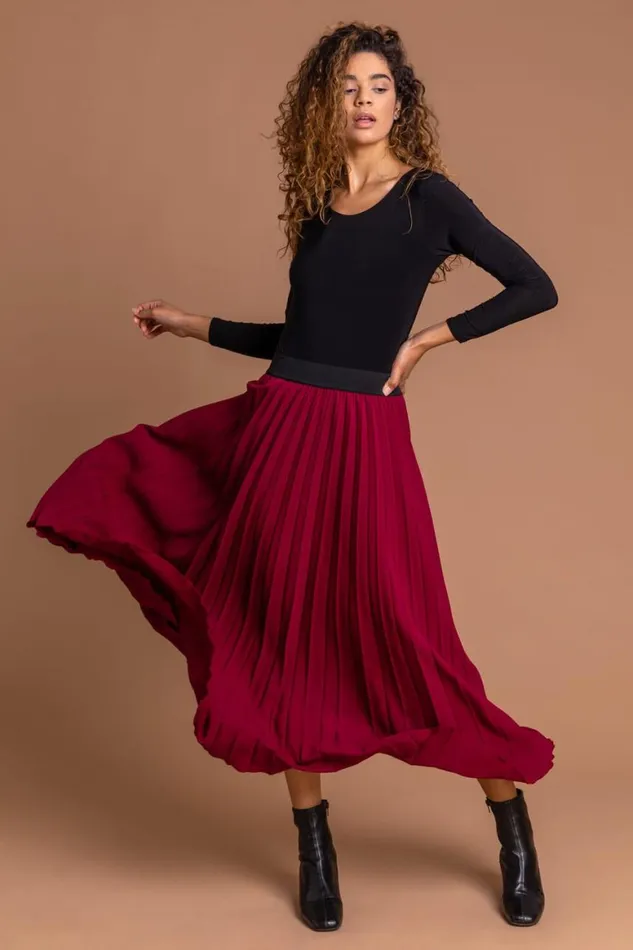 Women Red Pleated Maxi Skirt Roman Skirts