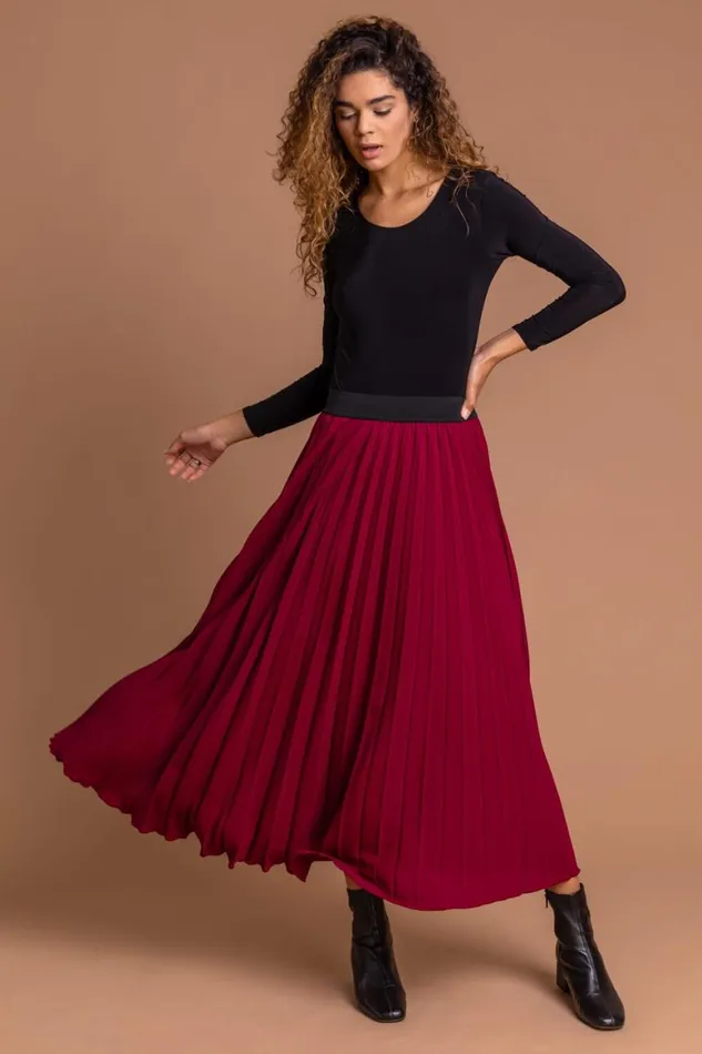 Women Red Pleated Maxi Skirt Roman Skirts