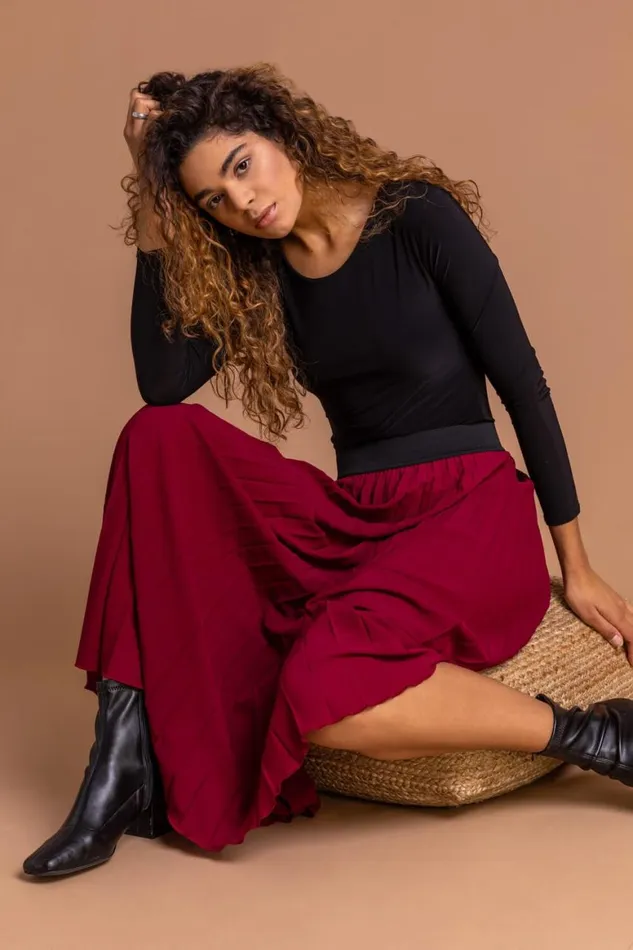 Women Red Pleated Maxi Skirt Roman Skirts