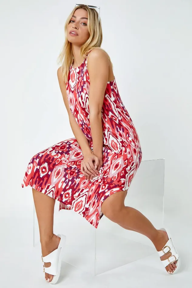Women Red Sleeveless Aztec Print Midi Stretch Dress Roman Dresses