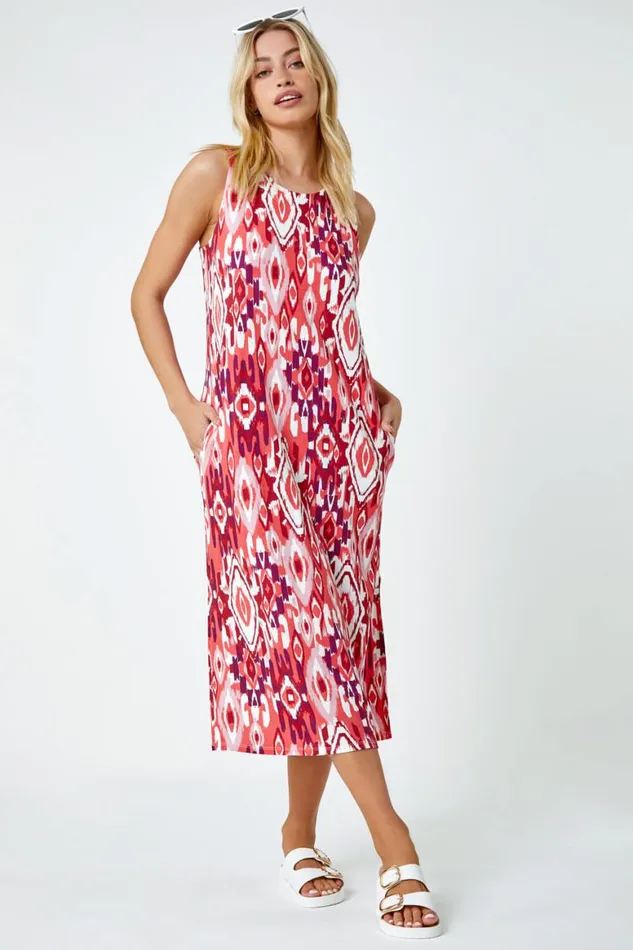 Women Red Sleeveless Aztec Print Midi Stretch Dress Roman Dresses