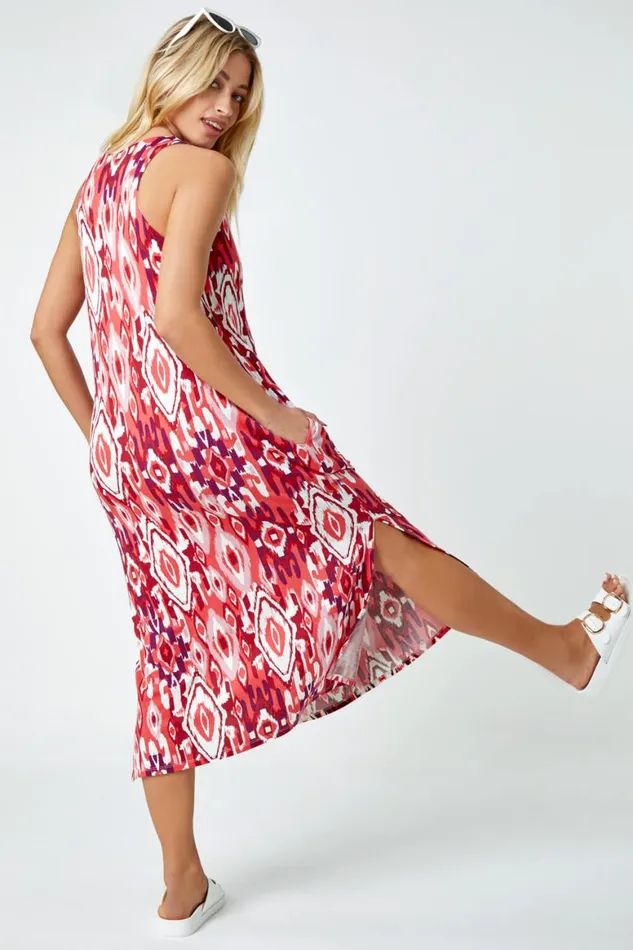 Women Red Sleeveless Aztec Print Midi Stretch Dress Roman Dresses