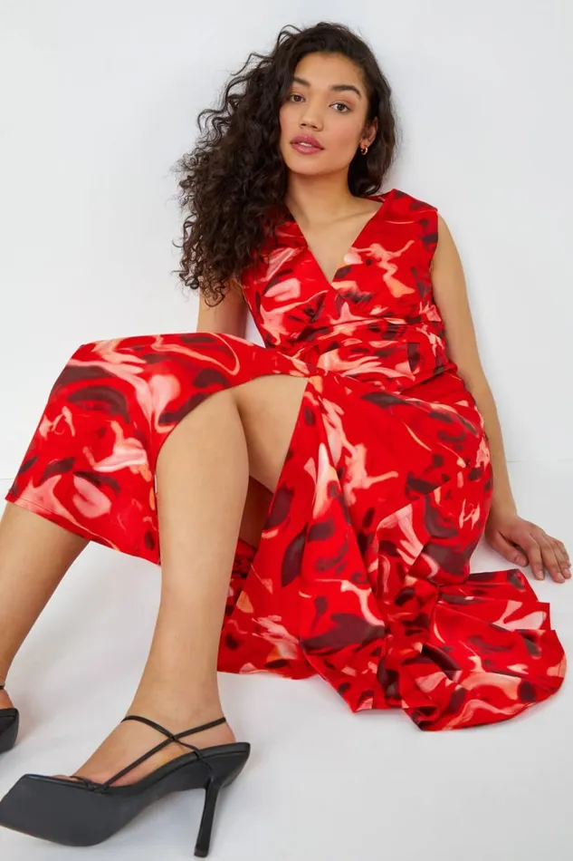 Women Red Sleeveless Marble Print Chiffon Midi Dress Roman Dresses