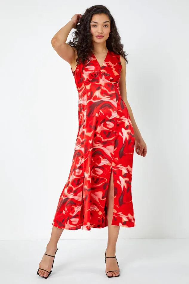 Women Red Sleeveless Marble Print Chiffon Midi Dress Roman Dresses