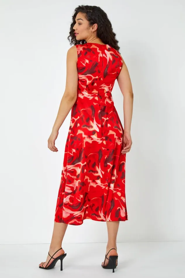 Women Red Sleeveless Marble Print Chiffon Midi Dress Roman Dresses