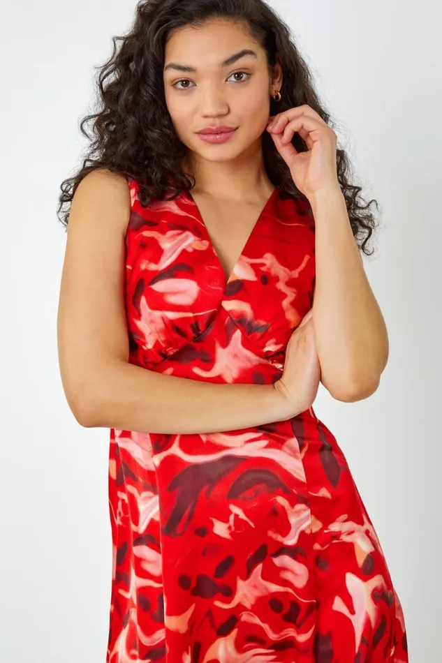Women Red Sleeveless Marble Print Chiffon Midi Dress Roman Dresses