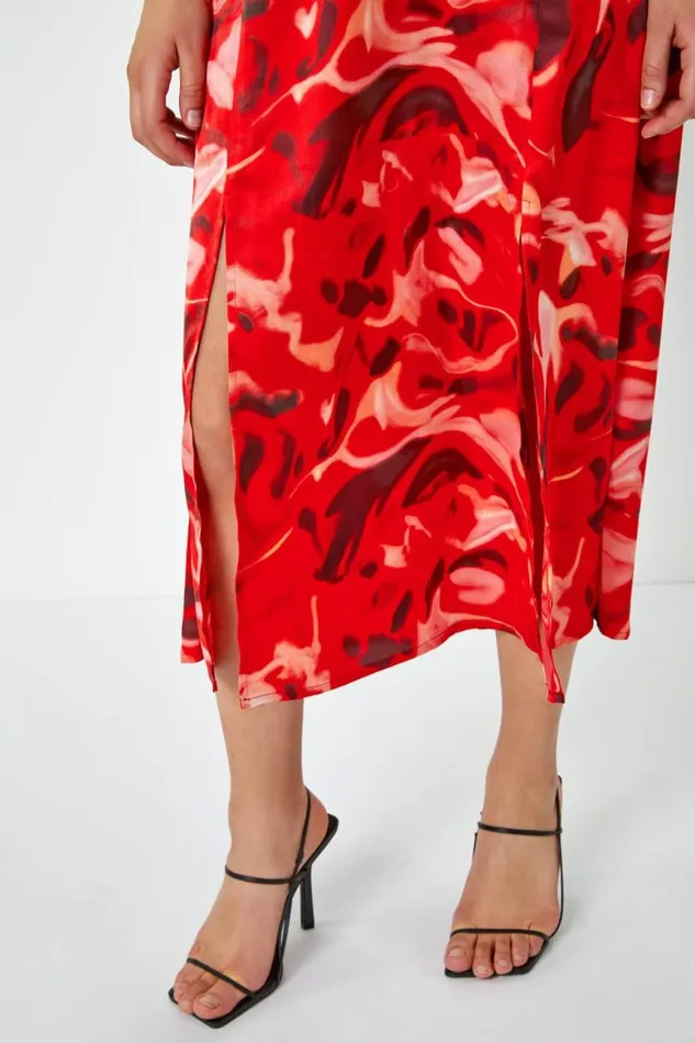 Women Red Sleeveless Marble Print Chiffon Midi Dress Roman Dresses