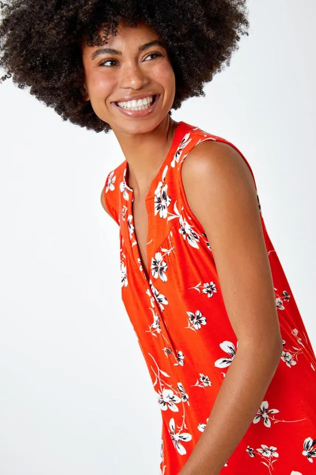 Women Red SleevelessVNeck Floral Print Top Roman Tops