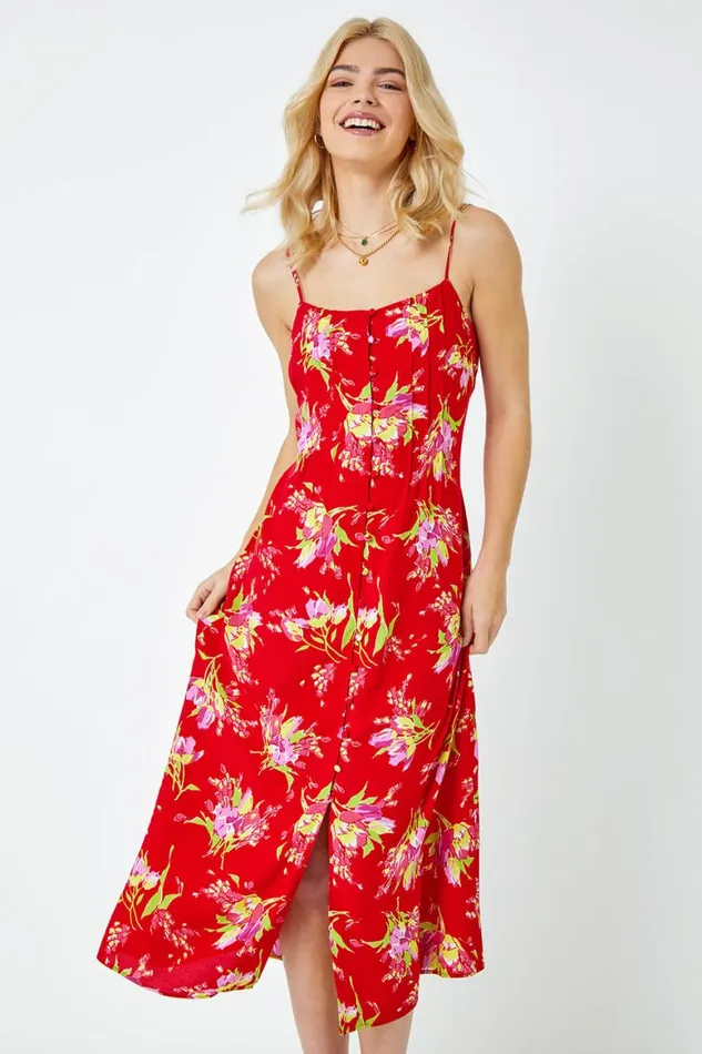 Women Red Strappy Floral Square Neck Midi Dress Roman Dresses