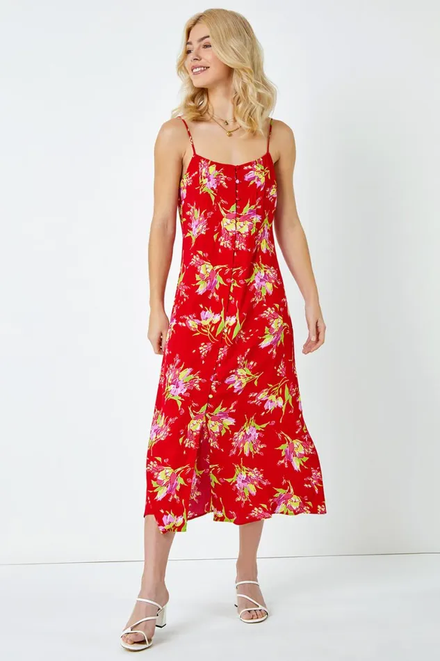 Women Red Strappy Floral Square Neck Midi Dress Roman Dresses