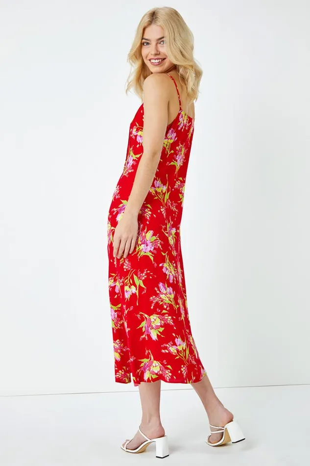 Women Red Strappy Floral Square Neck Midi Dress Roman Dresses