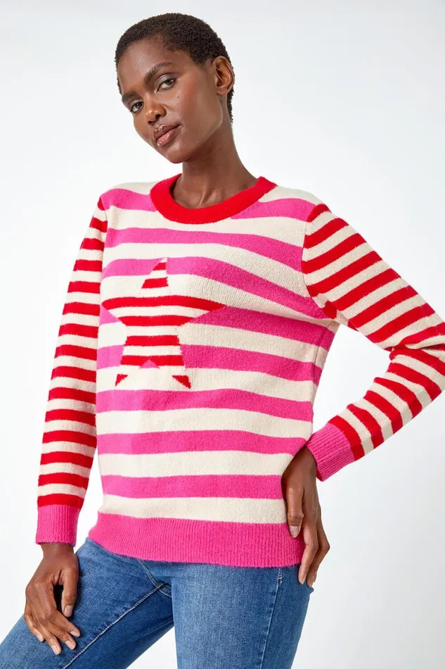 Women Red Stripe Star Print Stretch Jumper Roman Knitwear